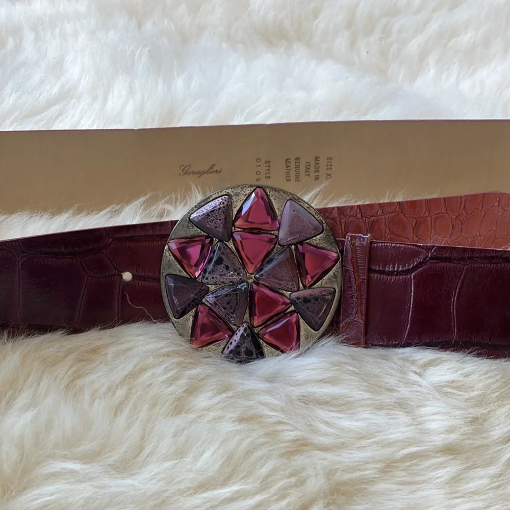 Garuglier’s leather belt XL  maroon purple stones silver buckle made in … - Picture 4 of 17